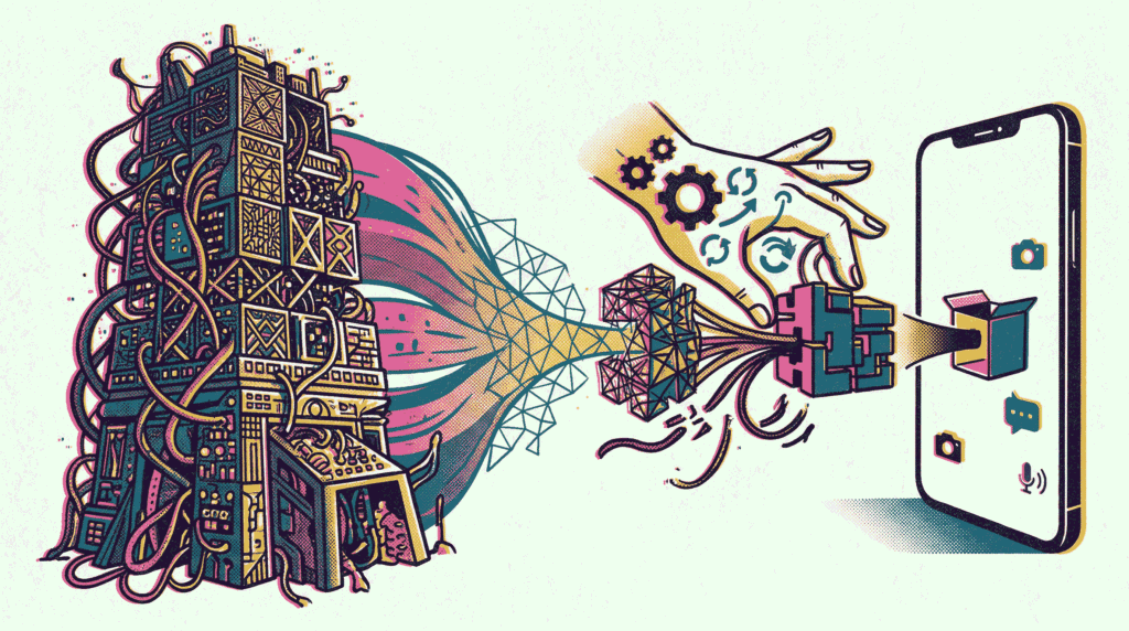 Diagram comparing model quantization and distillation techniques for mobile deployment optimization