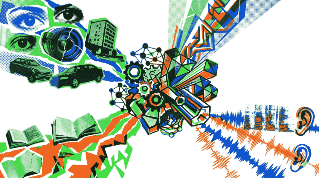 Multimodal learning diagram showing text image and audio inputs fused for AI understanding