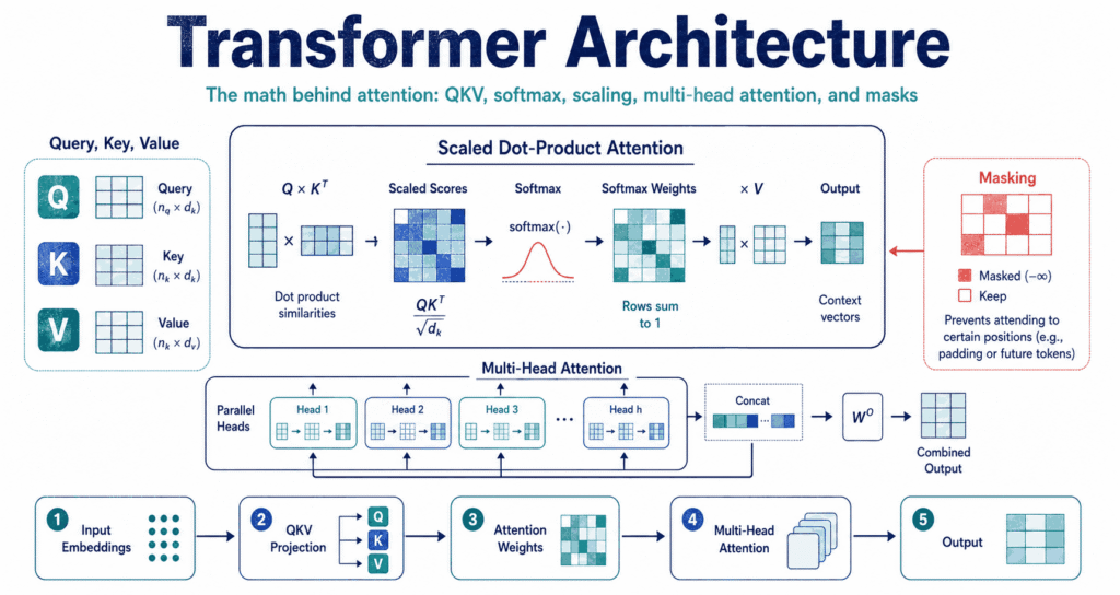 Transformer Architecture attention math with query key value diagram
