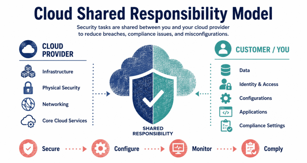 Learn how the cloud shared responsibility model divides security tasks between you and your provider. Master compliance to prevent data breaches and misconfigurations.